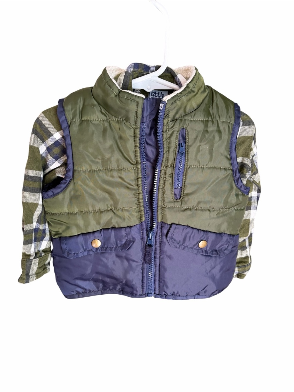 Boys Olive and Navy Puffer Vest and Flannel - 18 M